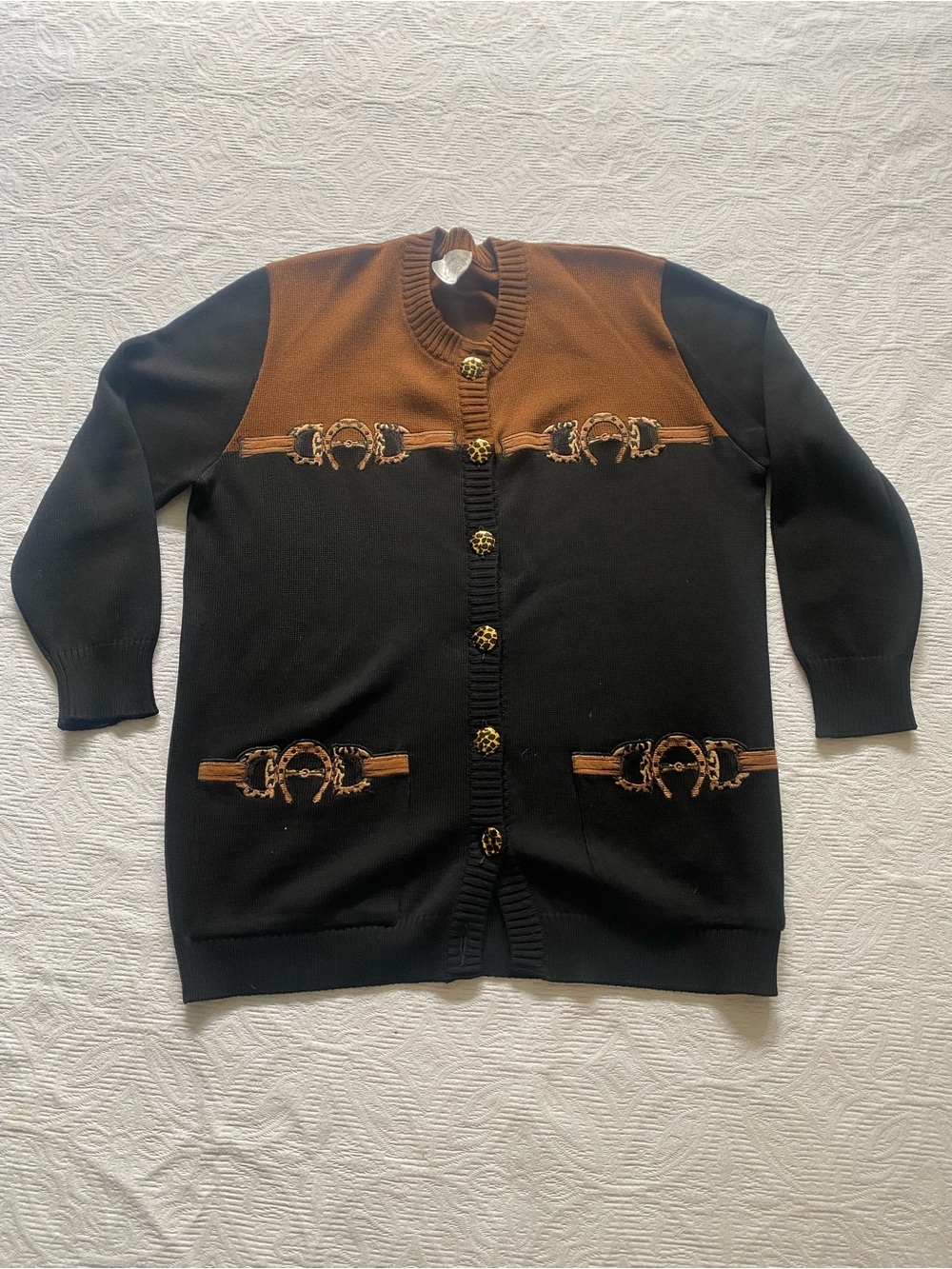 Black and Brown Knit Cardigan with Equestrian Motif